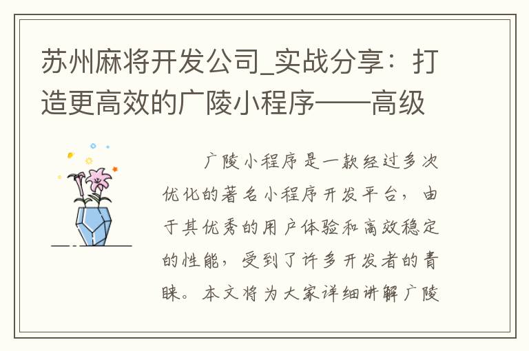 苏州麻将开发公司_实战分享：打造更高效的广陵小程序——高级讲解