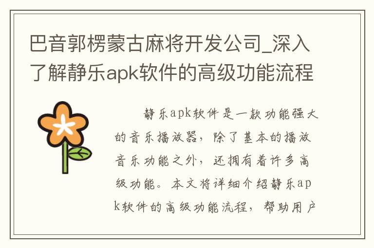 巴音郭楞蒙古麻将开发公司_深入了解静乐apk软件的高级功能流程