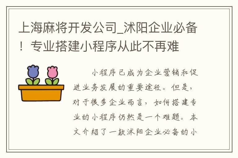 上海麻将开发公司_沭阳企业必备！专业搭建小程序从此不再难